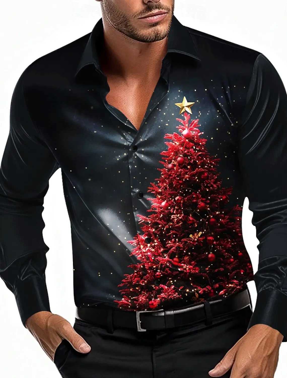 Mens 3D Printed Formal Shirts Christmas Tree Graphic Turn-Down Collar Long Sleeve Shirt Fashion Mens Shirts For Men K251110