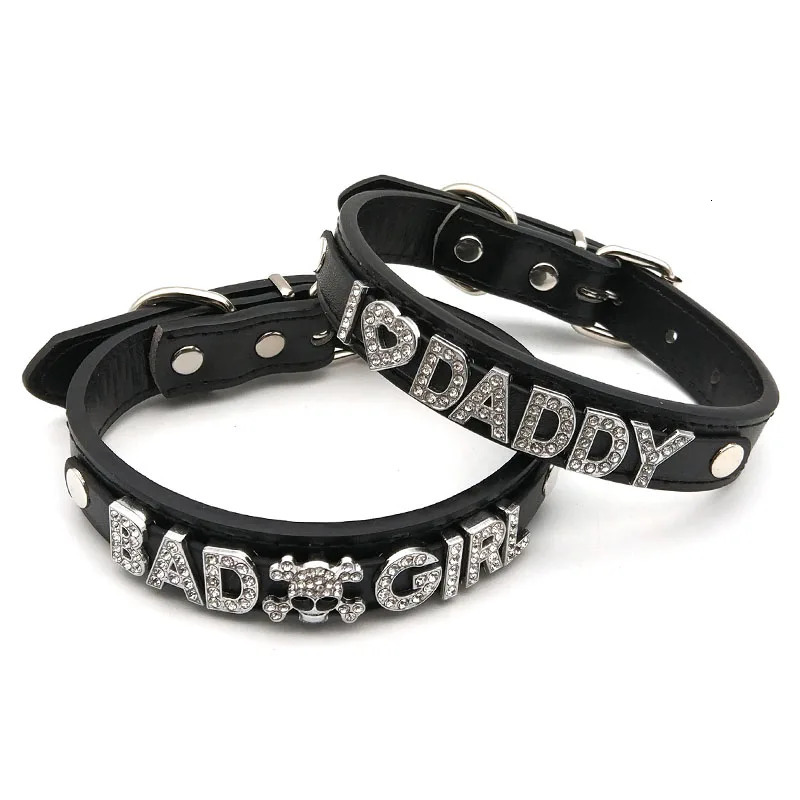 Sexy Rhinestone Letters Yes Daddy Spank Me Choker Collar Necklaces Men Women Punk Role Age Play Leather Chocker Cosplay Jewelry 251110