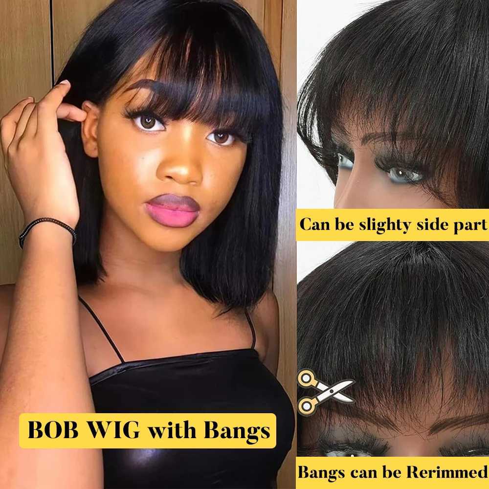 Pre Plucked Short Bob Human Hair Bone Straight Wig With Bangs 3x1 Lace Wig Glueless Brazilian Wig For Black Women Ready To WearT251111