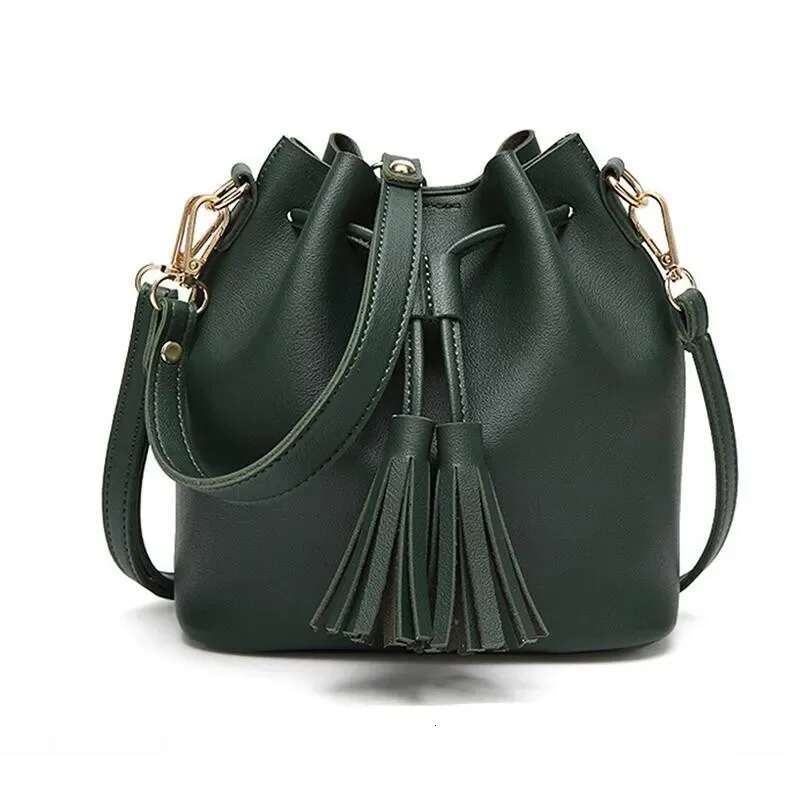 Tassel Drawstring PU Bucket Bag Fashion One Shoulder Messenger Ladies Handbag For Women Purses