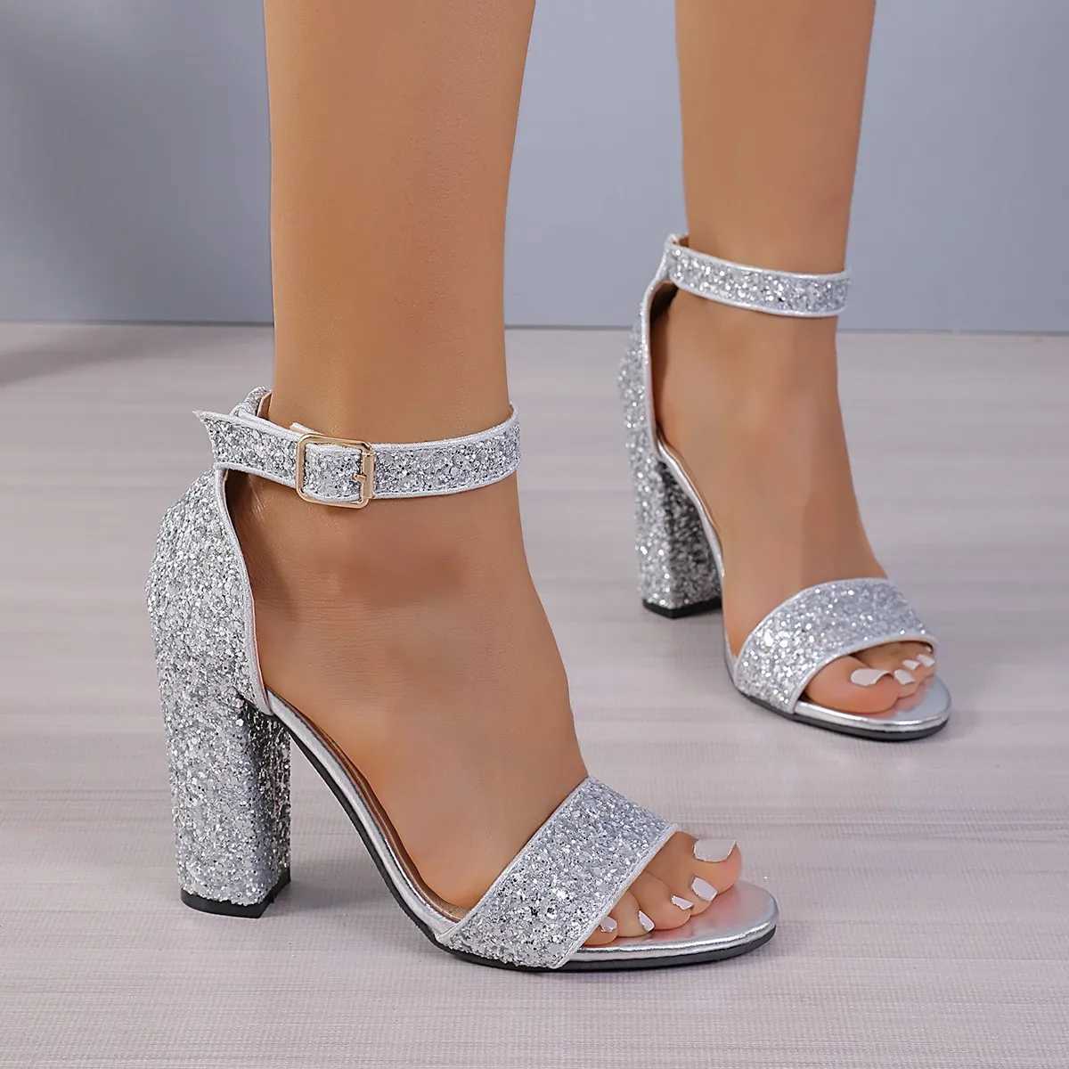 Sparkling thick high-heeled womens sandals summer ankle buckles wedding high heels open toe platform sexy party shoesXJ250410