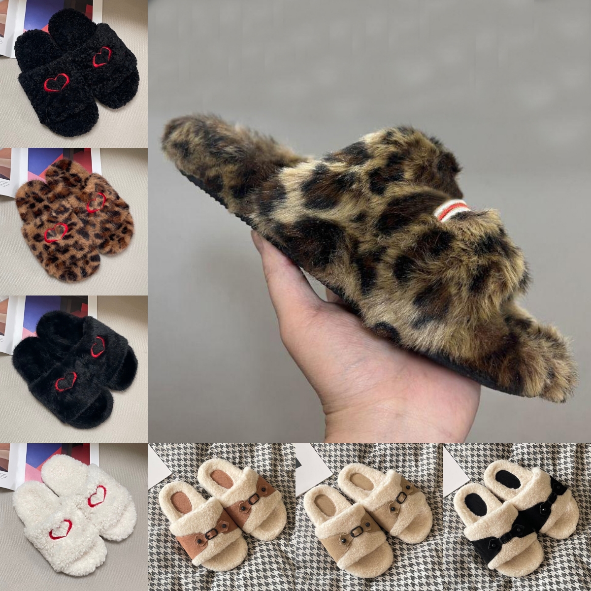 Furry Slippers Men Women Luxury Designer Sandals Lady Fashion Wool Fur Fluffy Letters Slides Black White Pink Orange Grey Leopard Chestnut Fuzzy Flip Flops Scuffs