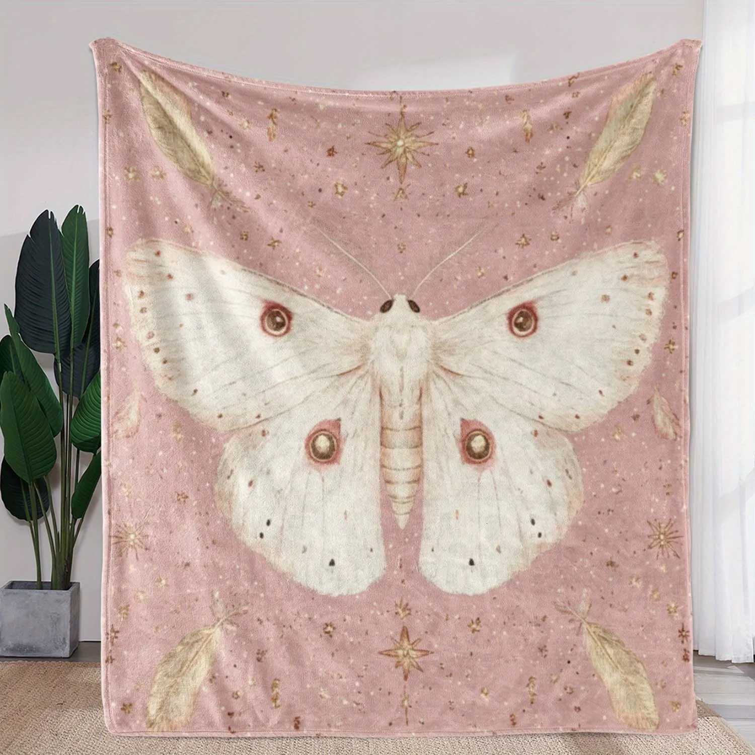 1pc Sdoo Vintage Flannel Blanket - Pink Artistic Moth Star Print Soft Warm All-Season Throw for Sofa Bed Car Camping Office C251111