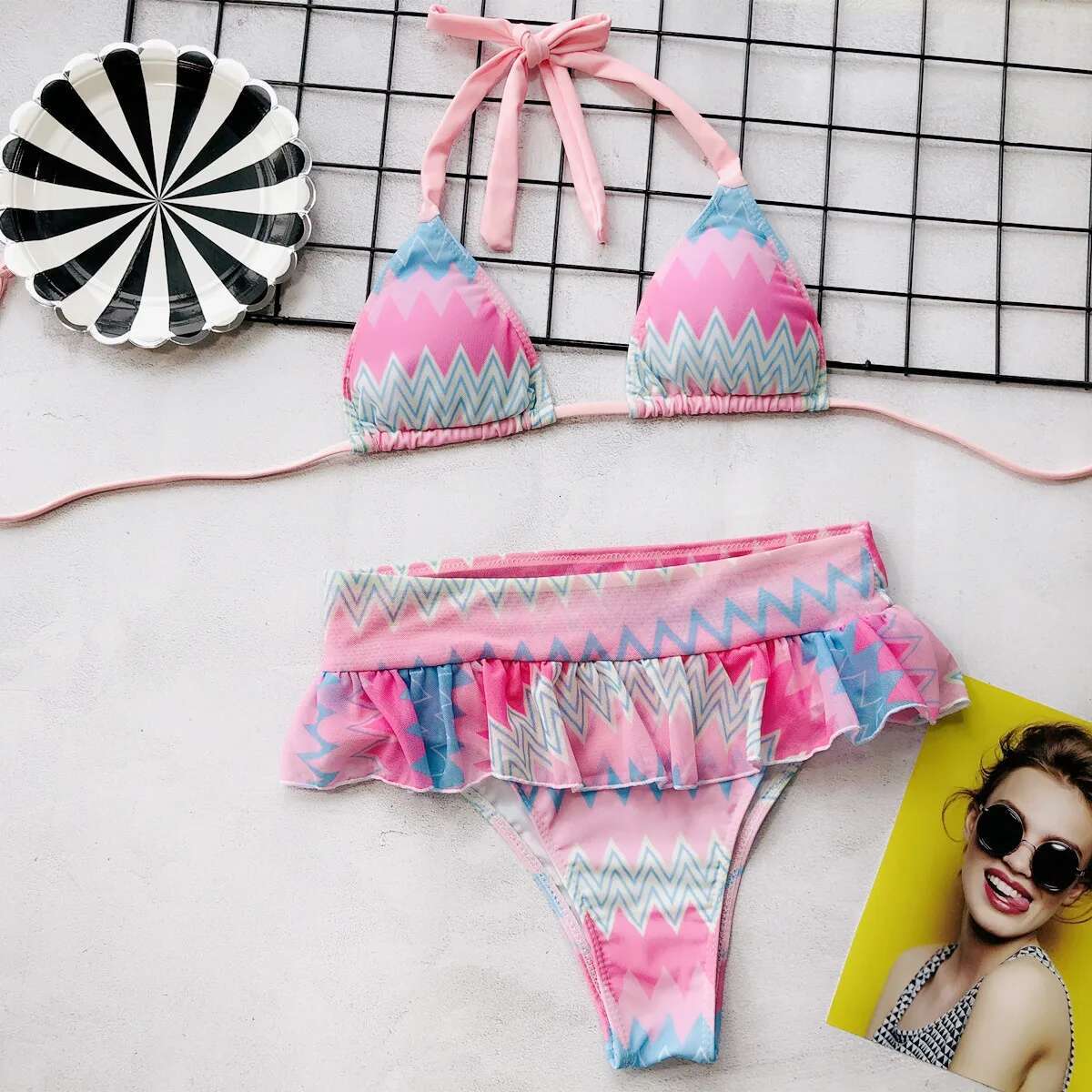 2025 Sexy Colorful Striped Patchwork Ruffle Mesh High Waist Swimwear Swimsuit Women Bikinis Set Bathing Suit Beach Bikini