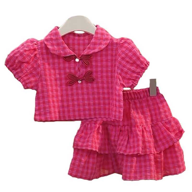Baby girl set summer girl skiing set childrens top+skiing 2pic childrens red checkered cute set 1-9 years old fashionable clothing for teenagersXJ2504