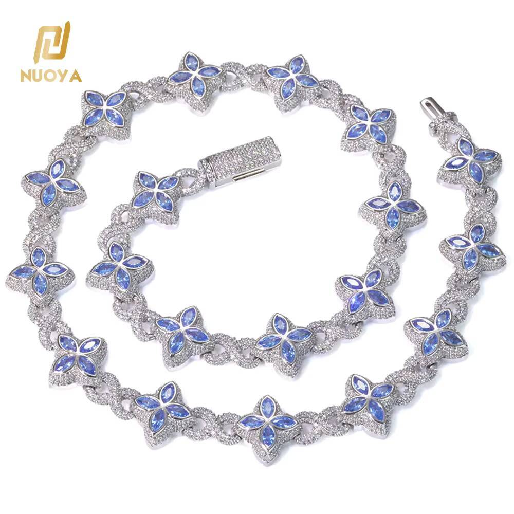 NUOYA Hip Hop Silver Gold Plated Iced Out Diamond Flower Cross Four Leaf Clover Infinity Miami Cuban Link Necklace for Men Women