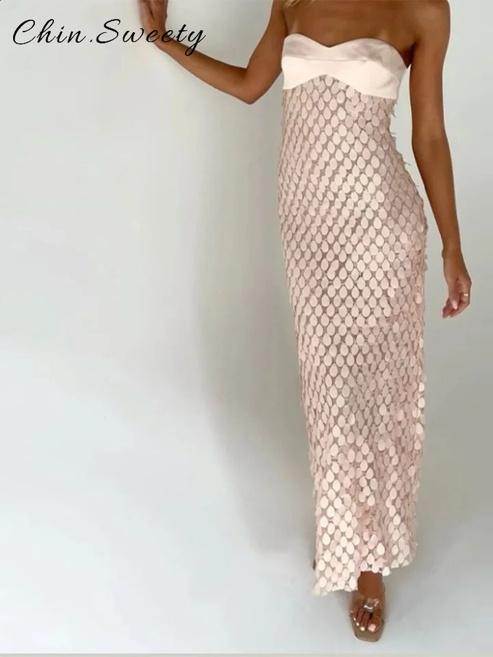 Elegant sequin patchwork strapless long dress for womens solid sleeveless party summer fashionable vacation 250411