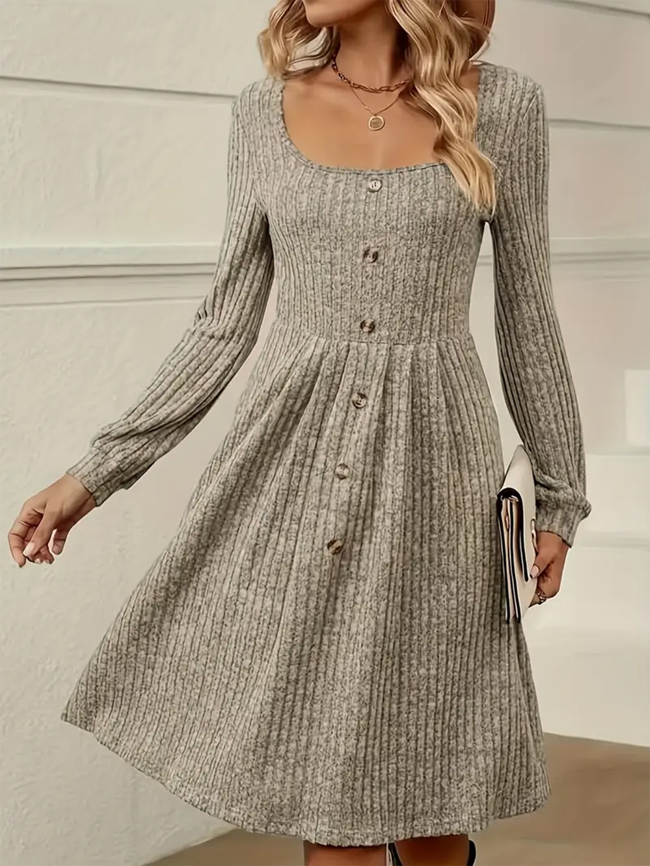 Women's Ribbed Knit Long Sleeve Dress, Casual Fashion Square Neck Midi Dress, Versatile for Layering & Daily Wear, Comfortable & Stylish for Autu
