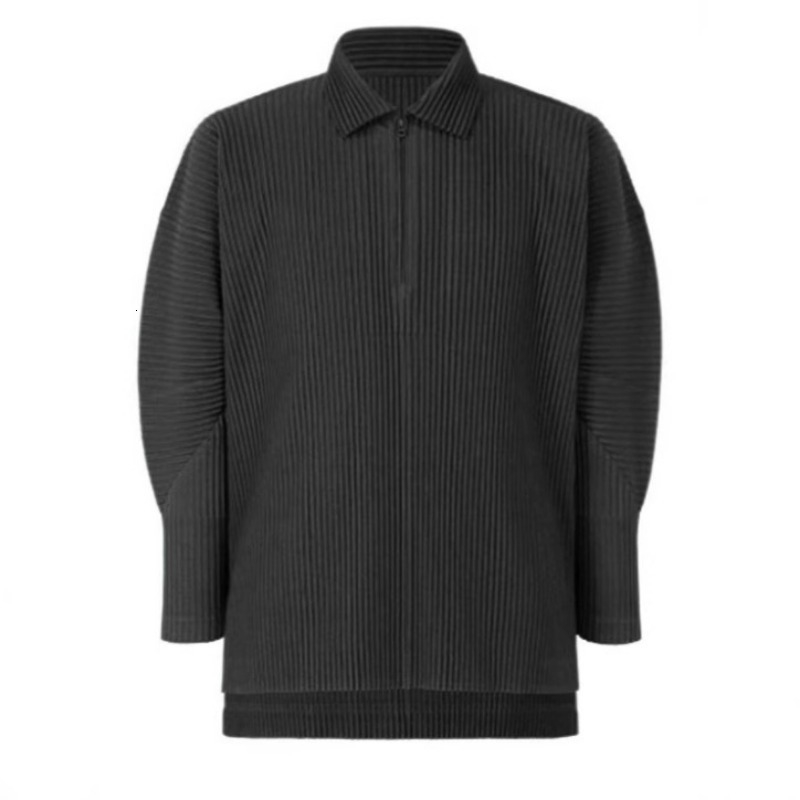 Miyake Pleated Mens Polo Shirt Longsleeved Sports Leisure Solid Zipper Pullover Bottoming Tops Men w250317