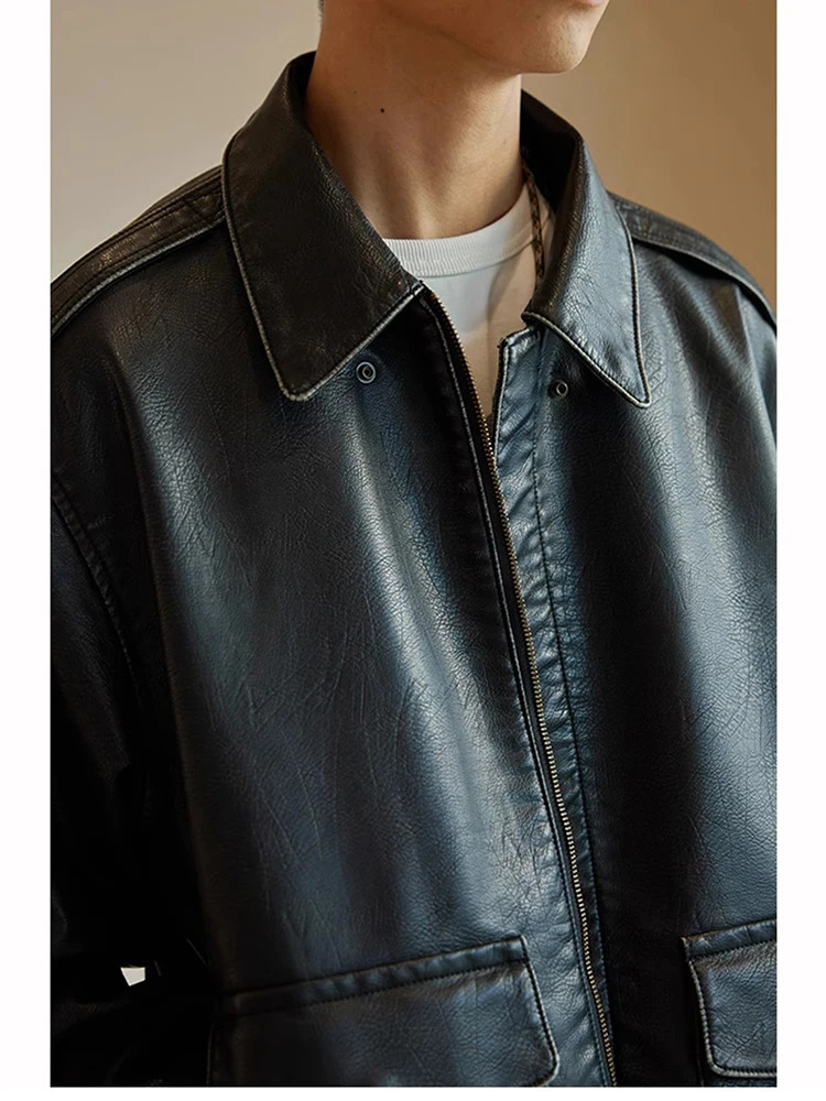 Mauroicardi Spring Cool Handsome Oversized Vintage Distressed Black Pu Leather Jacket Men Pockets Clothes 251105