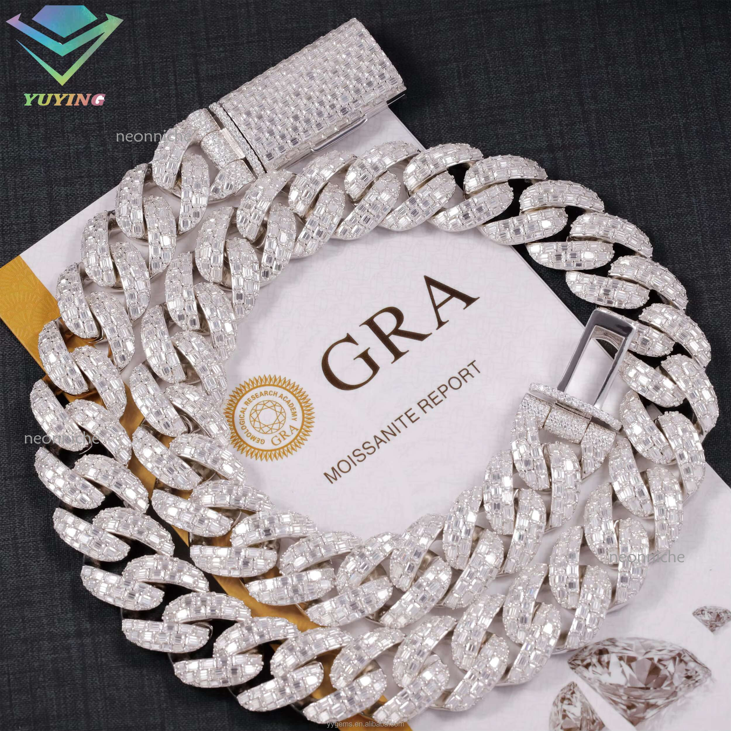 Full iced out For Man 20mm 23mm S Sier VVS Baguette Moissanite Cuban k Chain