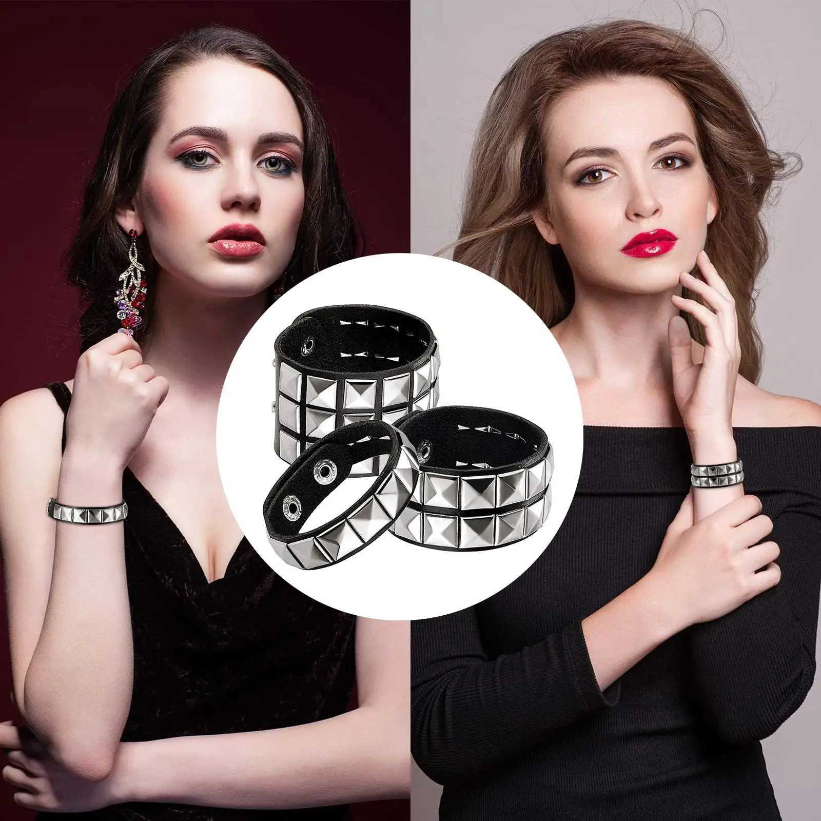 3Pcs Studded Punk Bracelets for Men Women Buckle Cuffs Pyramid Wristband Rivet Cuff Bangle Wear Proms Rock Costumes Black L251111