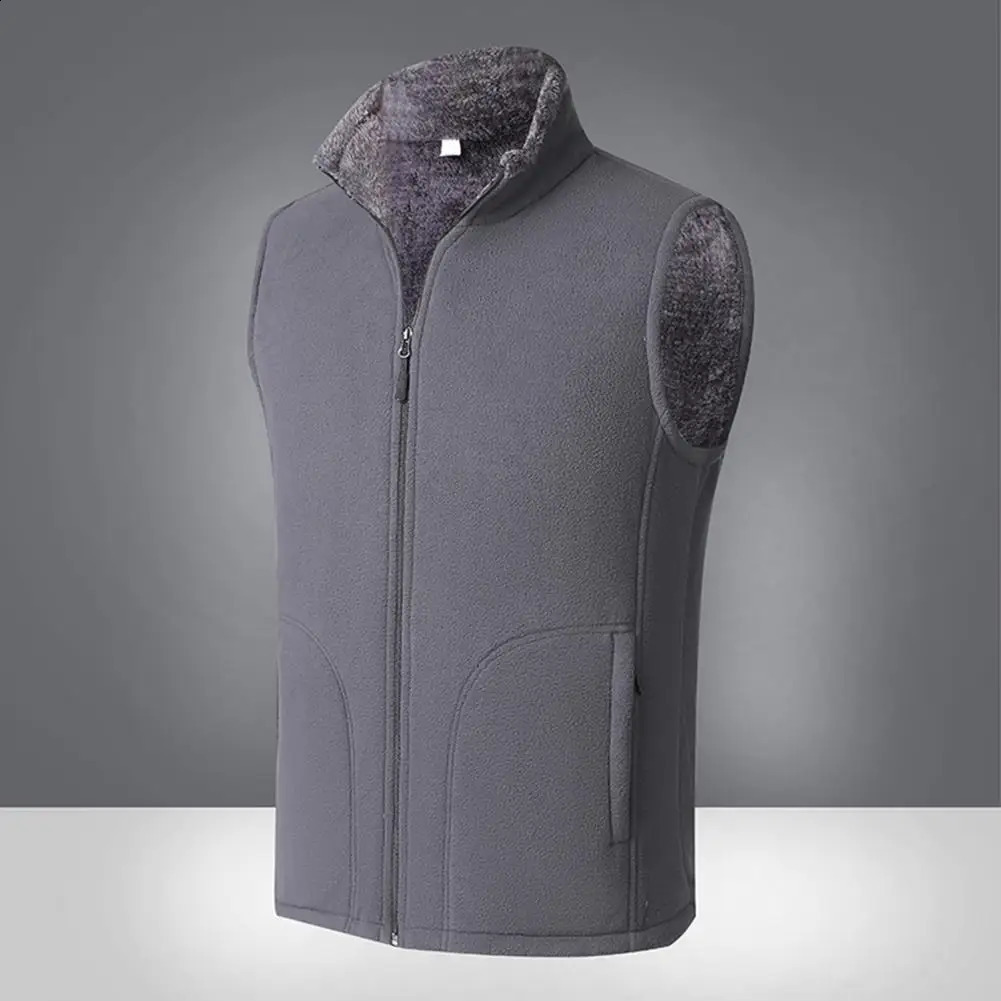 Mens sleeveless stand up collar solid color wool thick warm plus size winter coat 250411Z