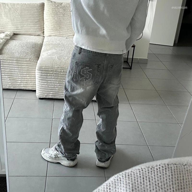 Men's Jeans Y2K Retro Flare Washed Distressed Dollar Embroidery Denim Pants Men Trend Old Money Clean Streetwear Wide Leg Baggy Hip-hop Youth Set