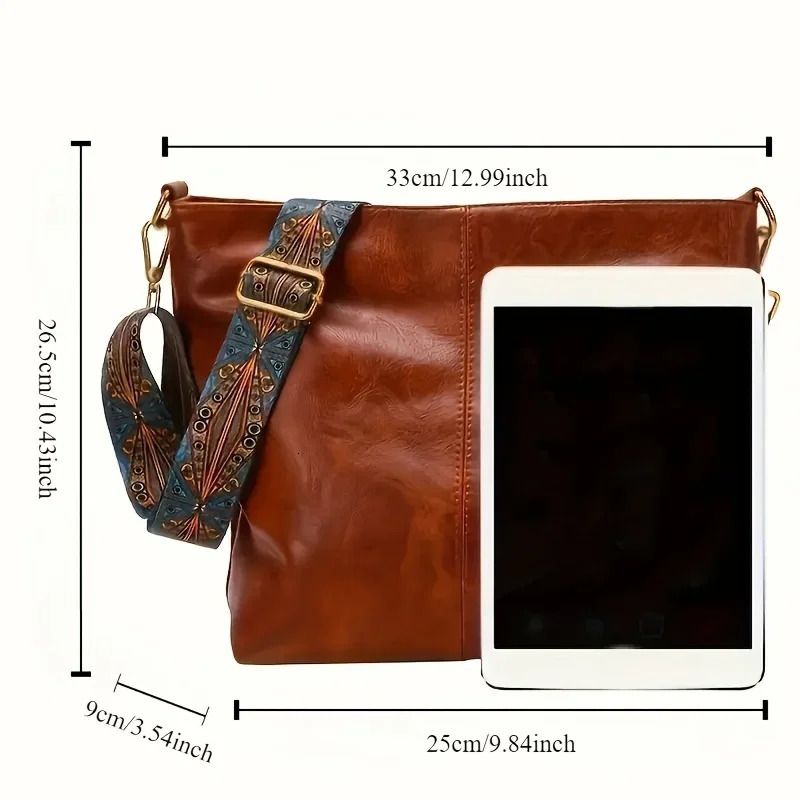 1pc Boho Chic Faux Leather Shoulder Bag for Women Large Capacity Crossbody Tote with Vintage Wide Strap 251103