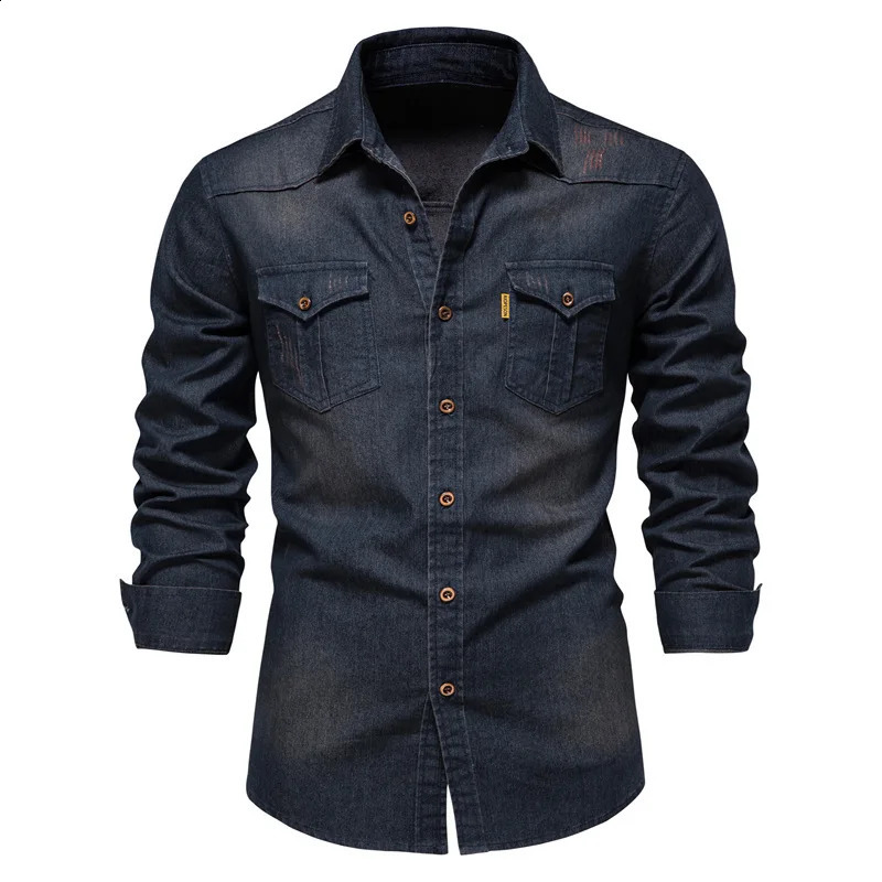 Spring 2025 mens denim shirt 100 pure cotton elastic casual slim fit street clothing long sleeved multi pocket 250411e