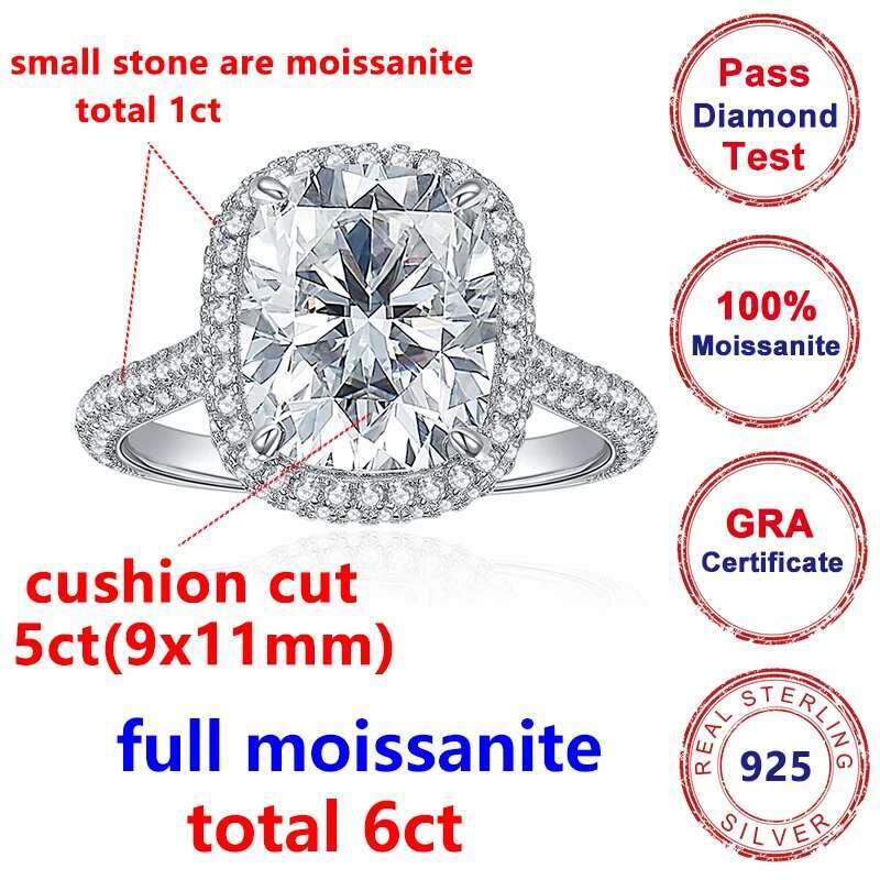 Full Moissanite Diamond D Color 6CT Cushion Ladys Wedding Rings 925 Sterling Silver Plated 18K Gold Fine Jewelry Ring for Women