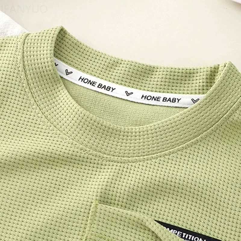 Childrens clothing summer waffle short sleeved set fashionable boys and girls casual sportswear thin solid childrens top+pants setXJ250410