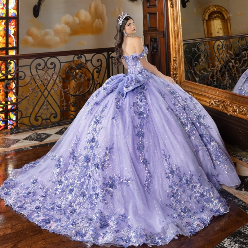 Lavender Quinceanera Dresses Off Shoulder Ball Gown Sweet 16 Dress Applique Lace Bow Beads Tull Birthday Party Vestidos 15 De Anos