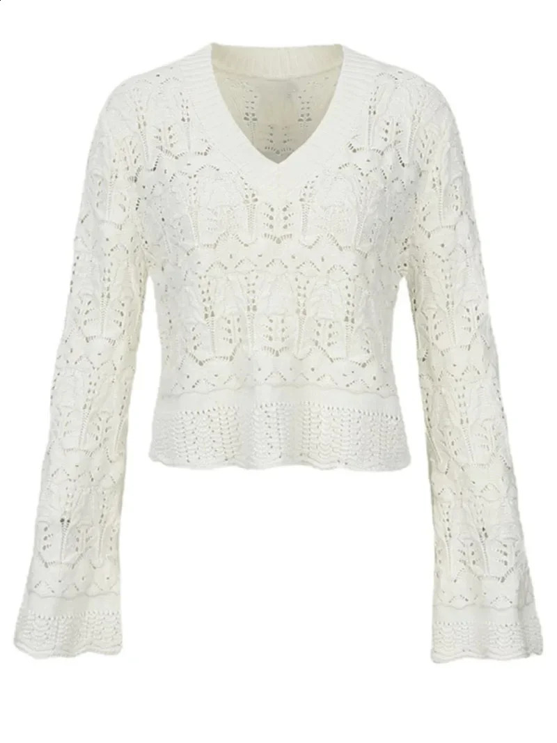 Long sleeved Pointelle knitted top white crocheted sweater womens latte eye crop jumper autumn and winter vintage French chic dress 250407