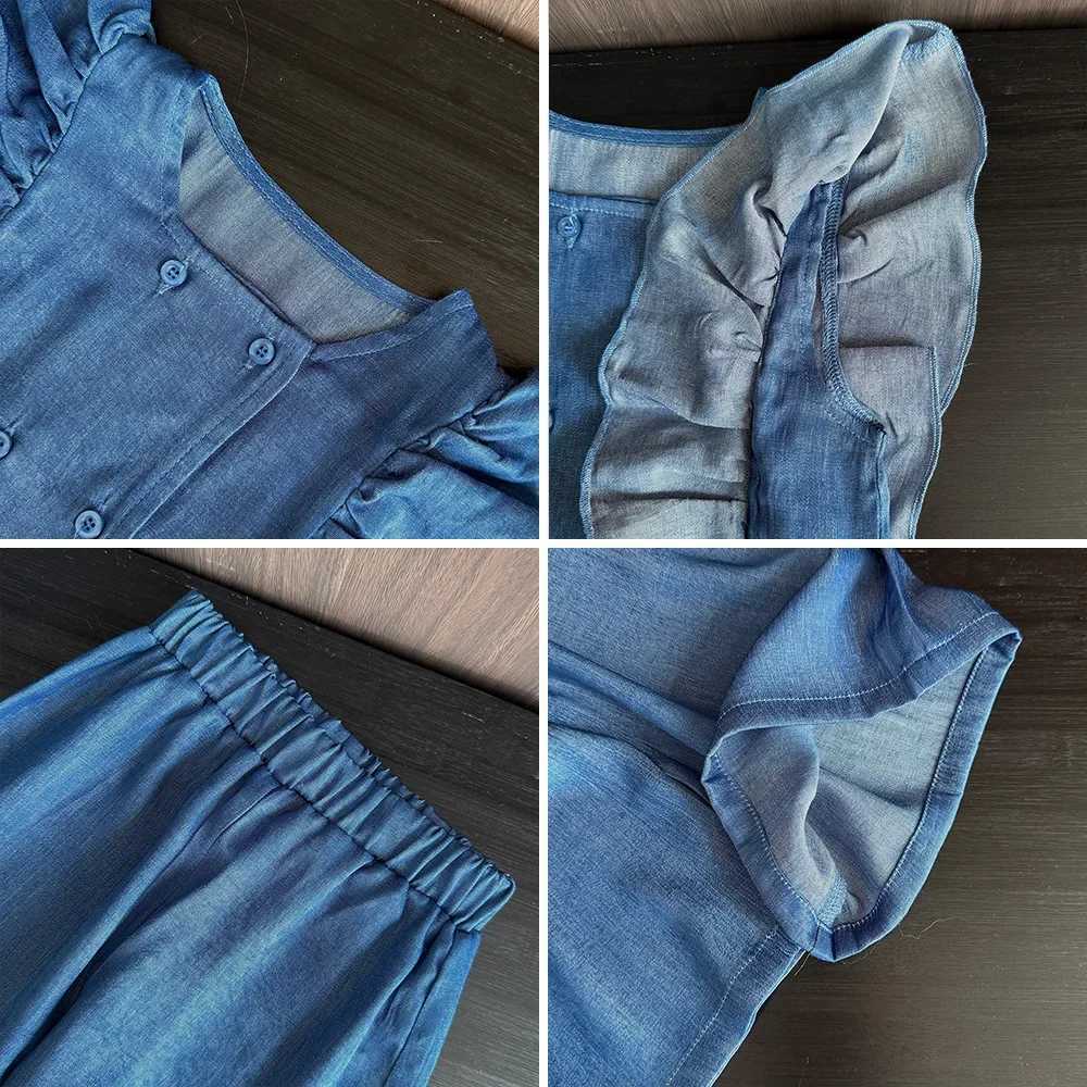 Bear collar toddler girl summer solid color imitation denim childrens suit blue ruffled sleeveless vest+pants 2-piece setXJ250410