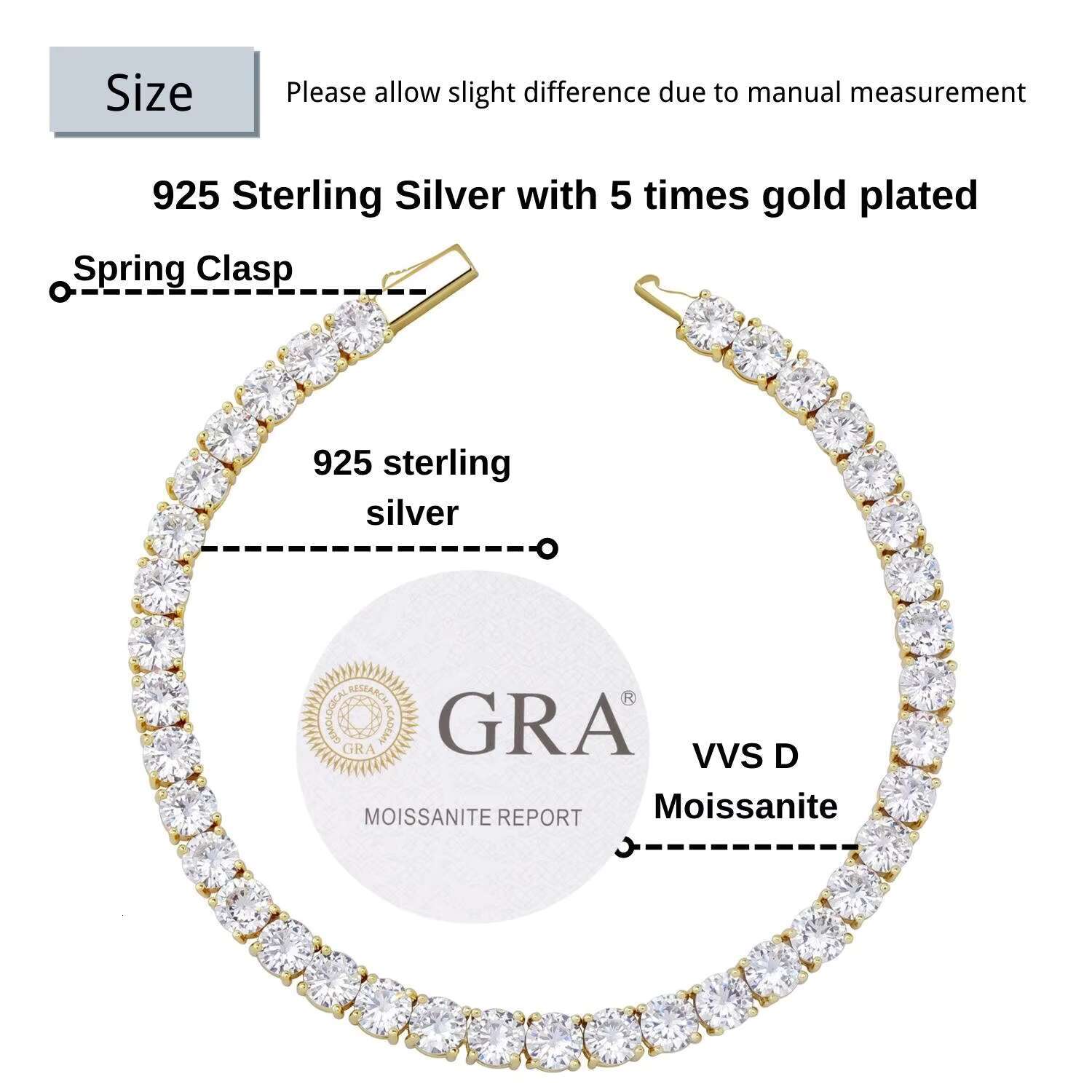 925 Silver Moissanite Bracelet Iced Out VVS Moissanite 3mm 4mm Tennis Bracelet Spring Clasp Lab Diamond Tennis Chain Necklace