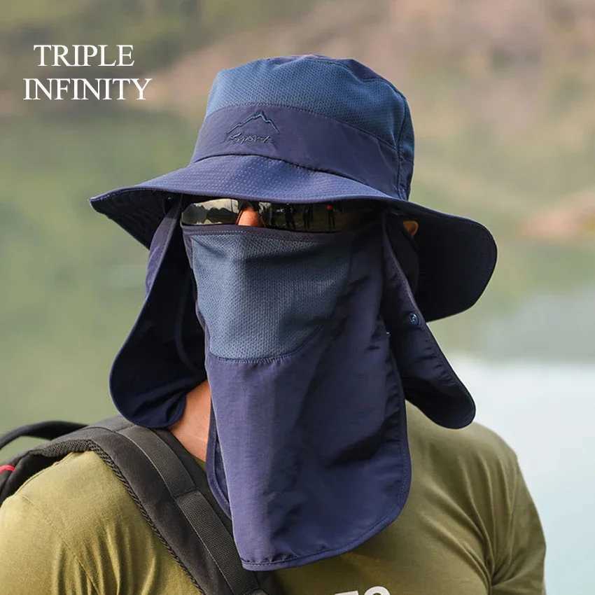 Summer Sunscreen Bucket Hats For Men Outdoor Full Cover Anti-mosquito Camping Hat Breathable Waterproof Fisherman Hats Quick DryC250411