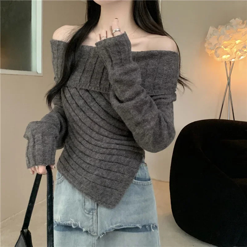 Casual style long sleeved shoulder knitted top sweater for womens autumn weight loss cutting irregular 250407