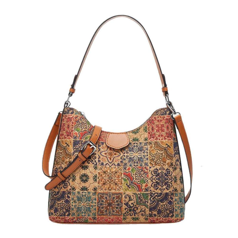 DHcollections Cork Multi-Way Shoulder Bag - Retro Ethnic Style Crossbody Tote with Zipper for Daily Use