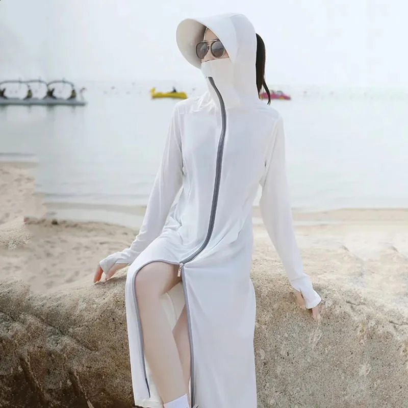 Xpqbb Summer Sunscreen Long Coat Women Breathable Anti-UV Outdoor Sun Protection Clothing Casual Simple Solid Ice Silk Outwaer 250411