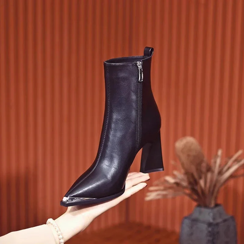 Shoes Brown Mid-Calf Boots Boots-Women Zipper Low Med Pointy Mid Calf Fashion Ladies High Heel Rubber Point 251110