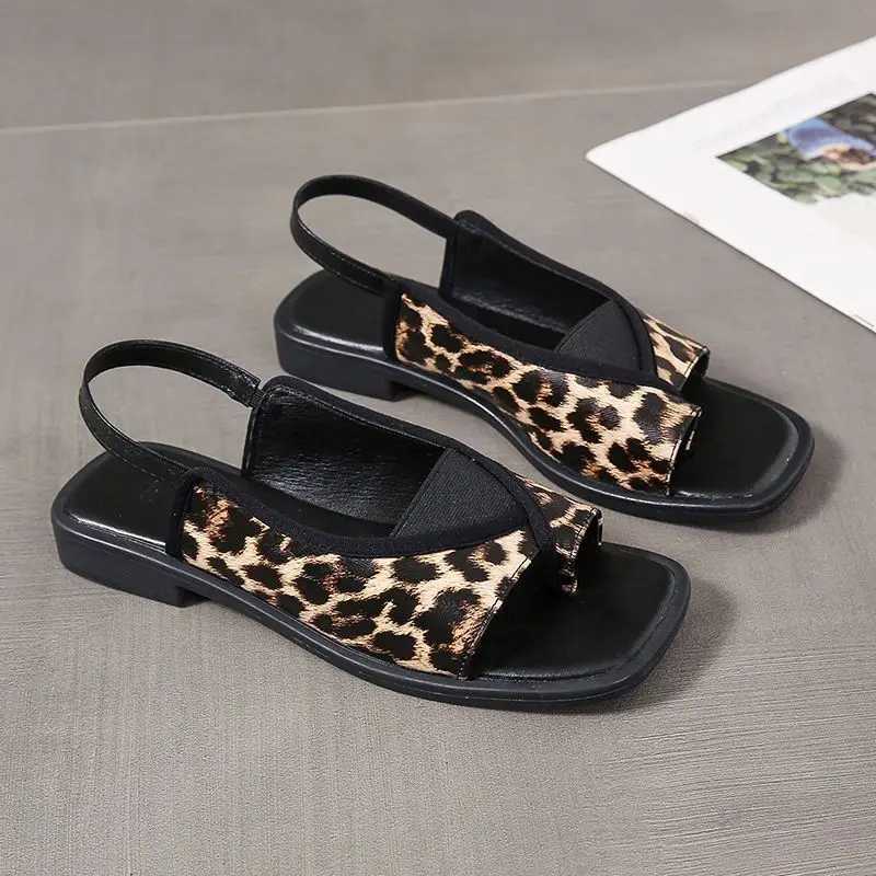 High quality summer flip sandals womens mixed color leopard print square toe low heel open toe casual sandalsXJ250410