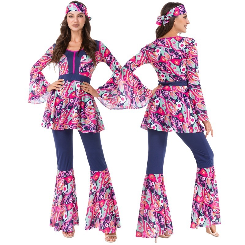 Womens retro 70S disco metal shiny jumpsuit with lace up flame sleeves hippie bell bottom hoodie jazz dance performance costume 240824