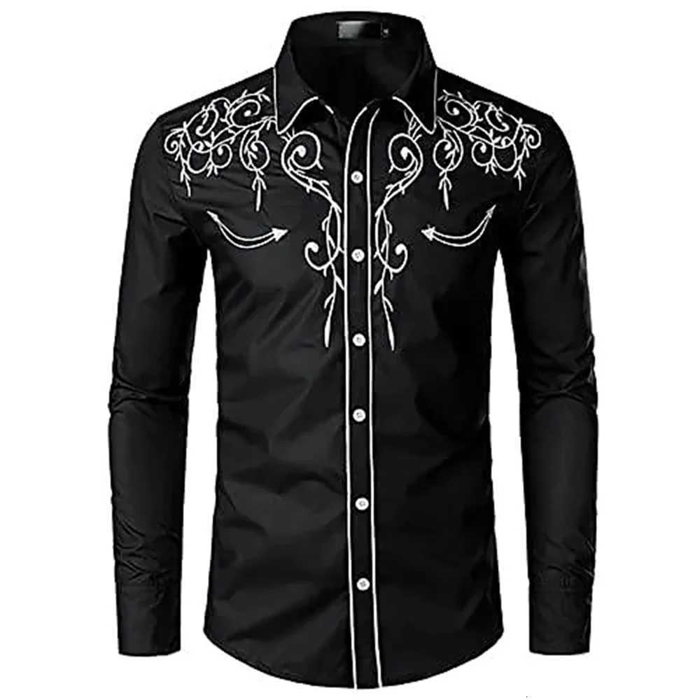 2024 New Fashion Mens Western Printed Long -sleeved Lapel Single -breasted Shirt Casual Social Mens Club Street Clothing K251110