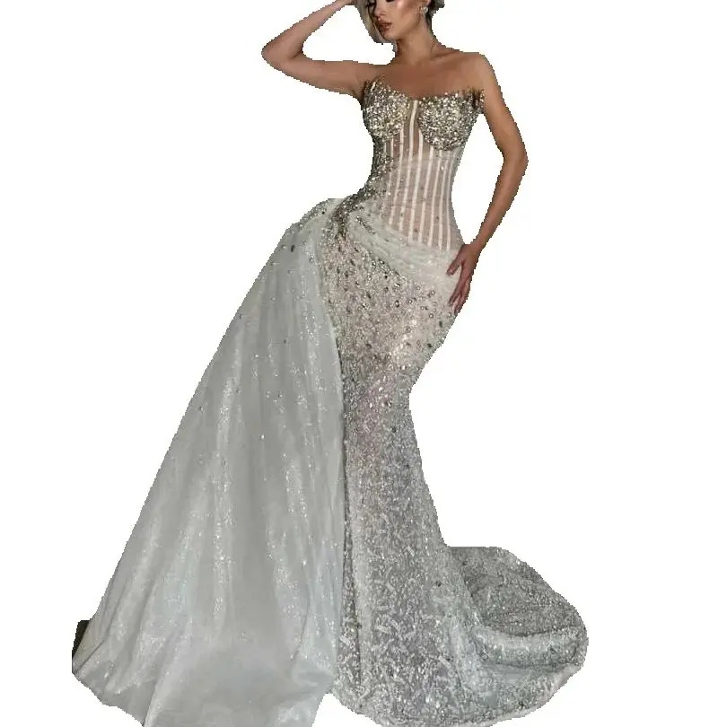 Simple Strapless Sequined Wedding Dress Elegant Sleeveless Beaded Bridal Gown Luxurious Side Train Bride Dresses Customized