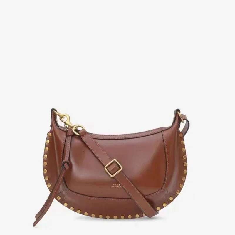 2025 High-Quality Women's Cowhide Half Moon Gold hot Light Willow Nail Shoulder Crossbody Bag Motorcycle Equipment Ac