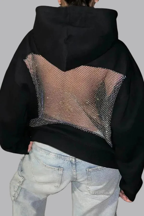 Tassel Mesh Rhinestone Hoodie Y2K Womens Sweet Sexy Transparent Backless Oversized Pullover Fashion Casual Jacket 251106