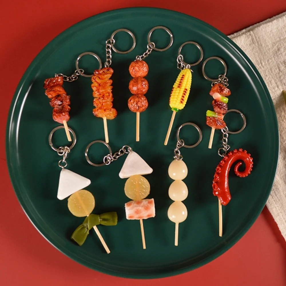 Creative Simulation BBQ Skewers Keychains Funny Resin Oden Squid Corn Gluten Keyring Pendant Cute DIY Ornament Accessories Gift 251110