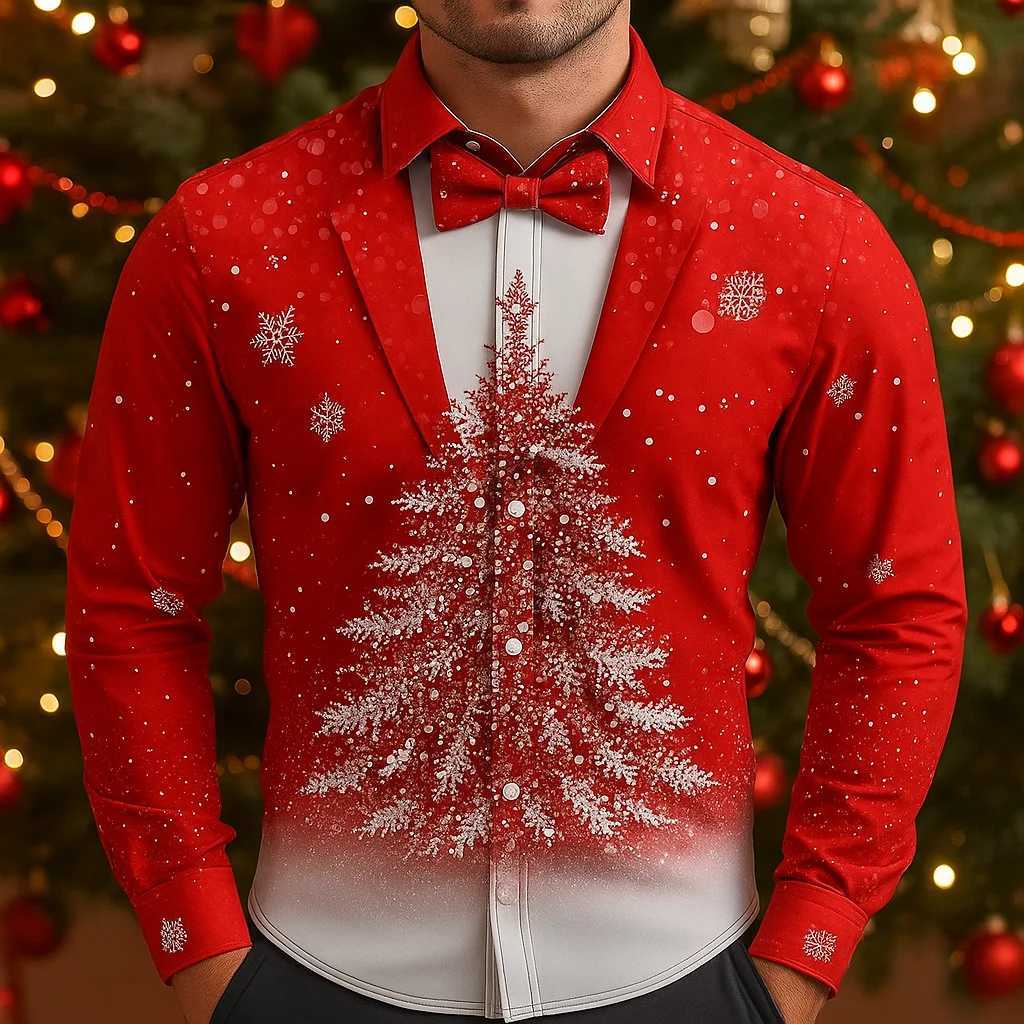 Mens Christmas Snowflake Formal Shirts 3D Printed Tie Design Elegant Tuxedo StyleHoliday Party Wedding AttireSpring Fall Wear K251110