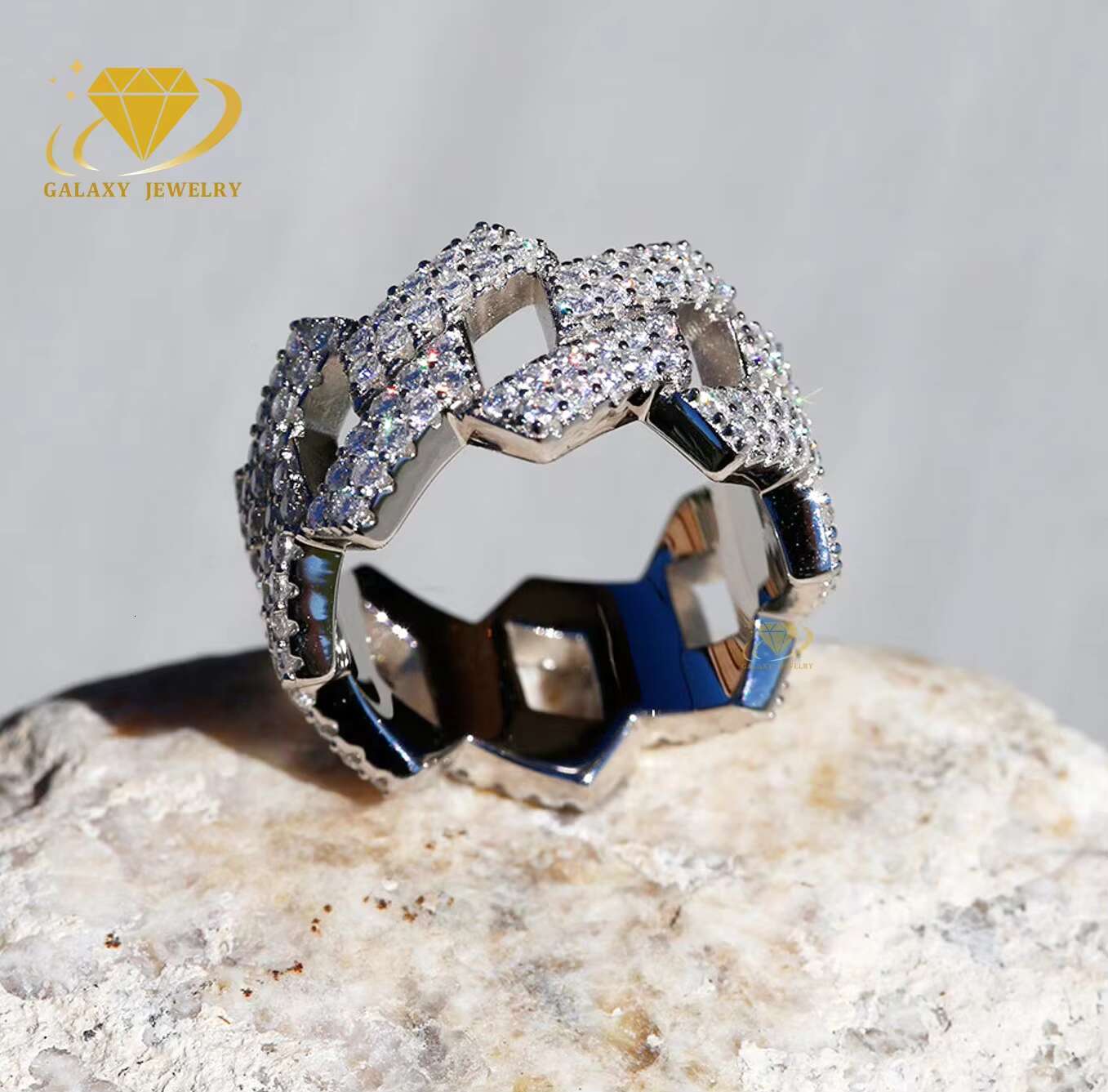 Wholesale Price 925 Sterling Silver Iced Out Ring Hip Hop Jewelry Vvs Moissanite Diamond 18K Gold Plated Cuban Link Ring