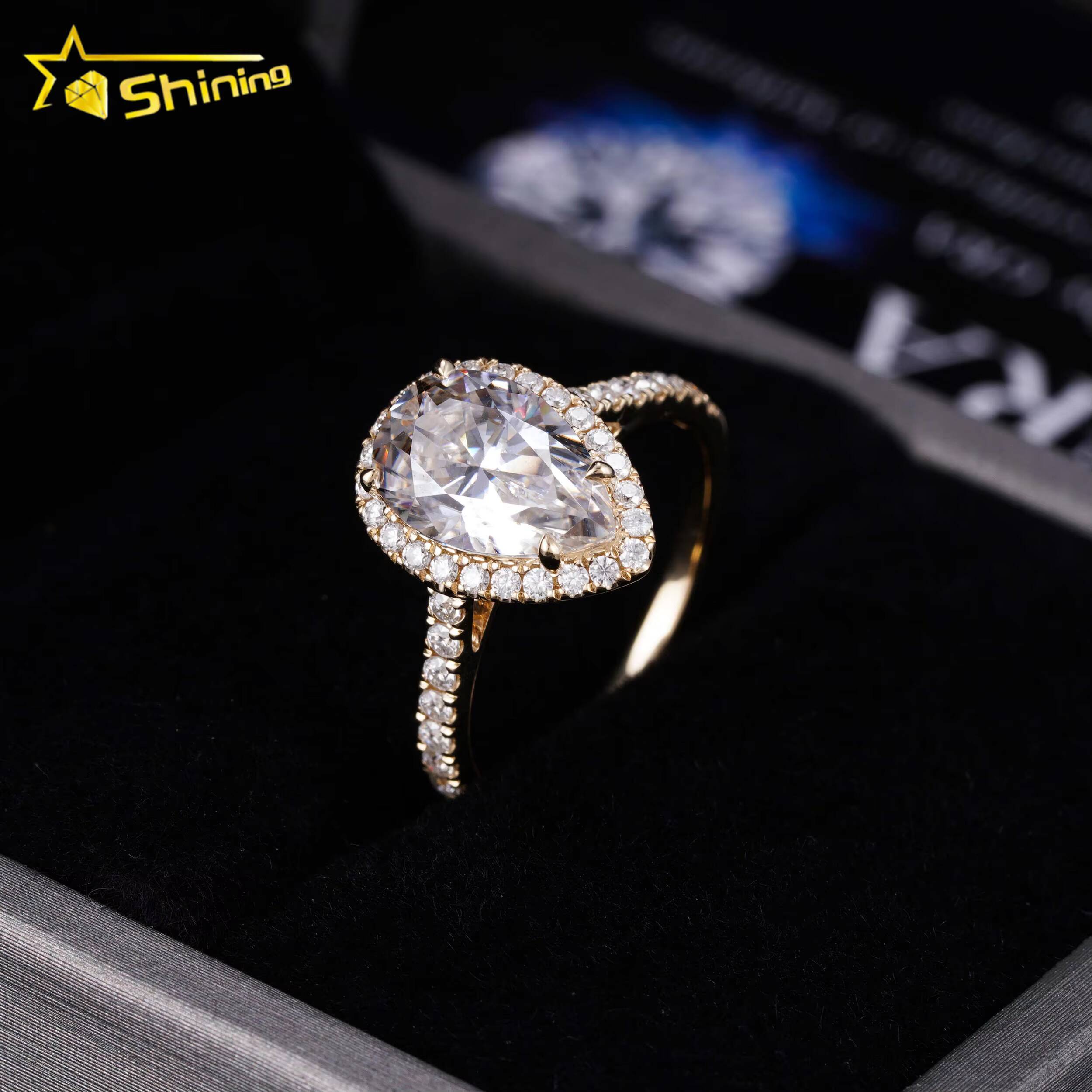 Shining Jewelry 14K Solid Gold 7x11MM 3CT Halo Pear Moissanite Engagement Ring Custom Women Fine Wedding Rings