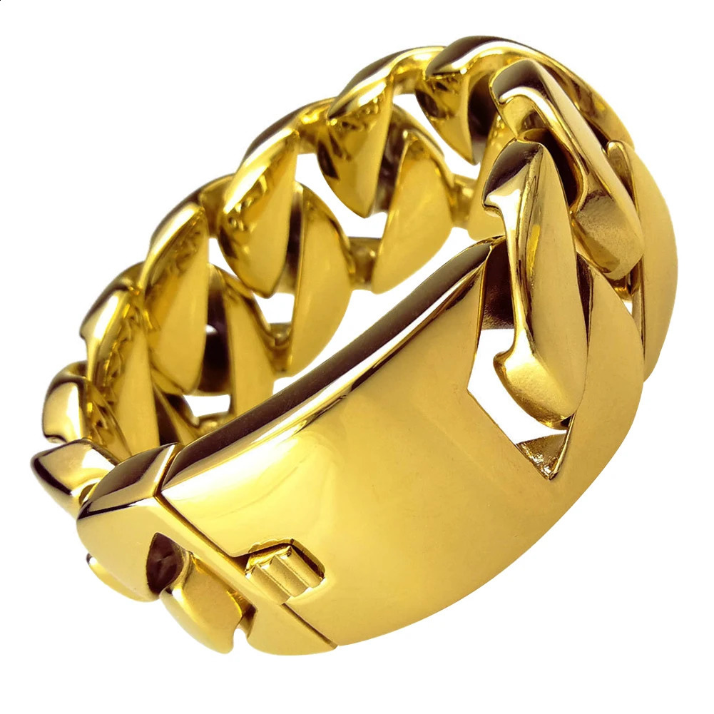 Hip hop 32mm wide 304 stainless steel bracelet trendy charm mens bracelet electroplated gold color Miami Cuban chain 250408