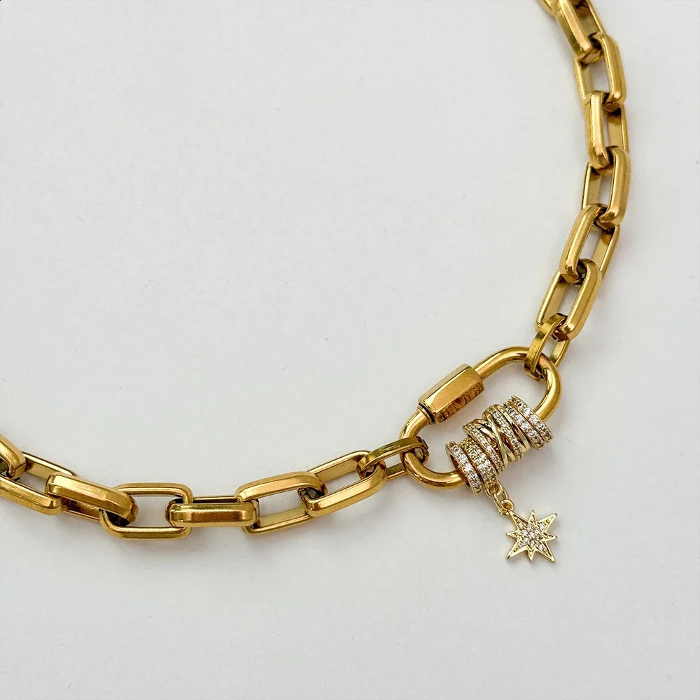 Jewelry 18k Gold Plated Short and Fat Stainless Steel Chain Buckle Paving Charm Zircon Charm Necklace YF3677 250409