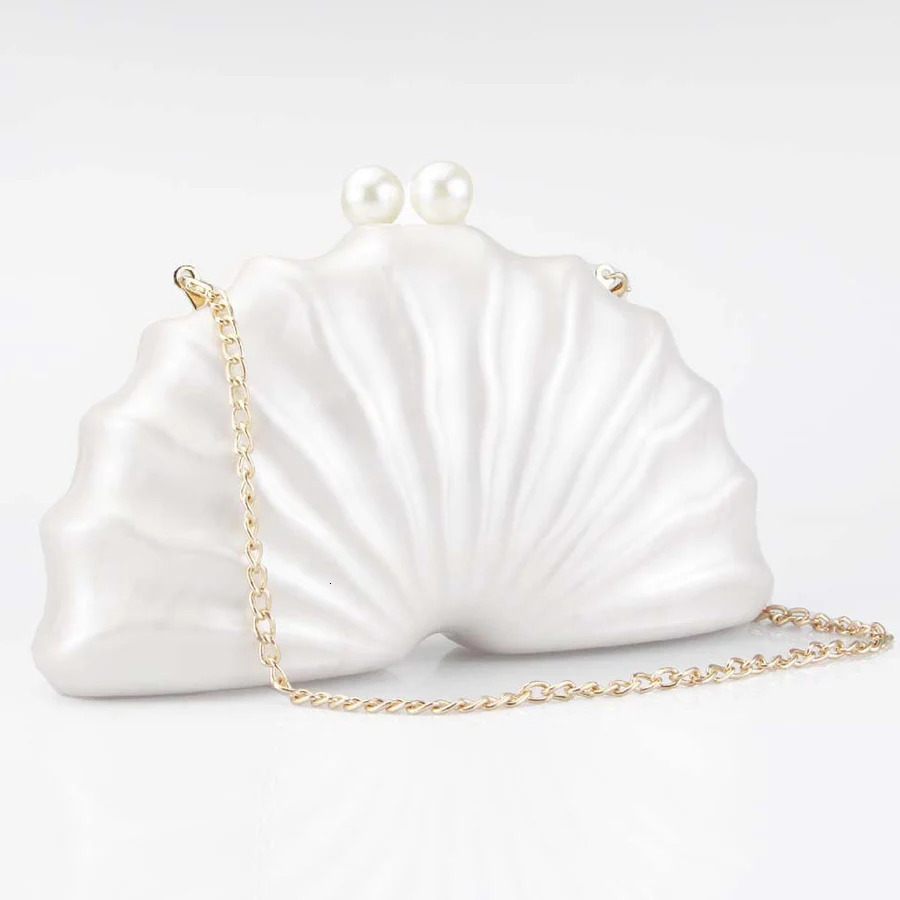 Acrylic shell shape clutch bag women evening party cute purse white pink champagne shell handbag chain shoulder bag sac 251106