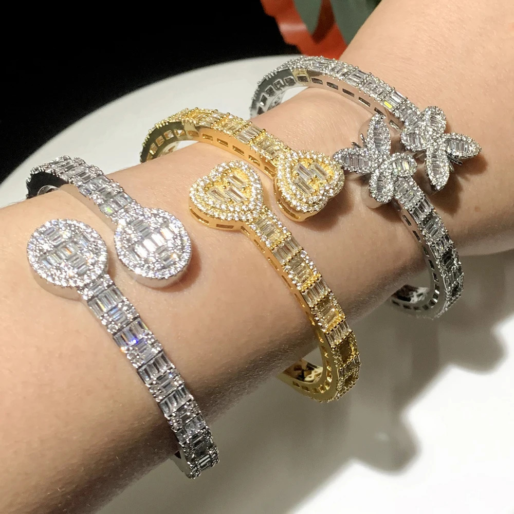 Iced Out Bling Butterfly Heart Bracelet Silver Color CZ Zircon Oval Charm Opened Bangle For Men Women Hiphop Jewelry 251110