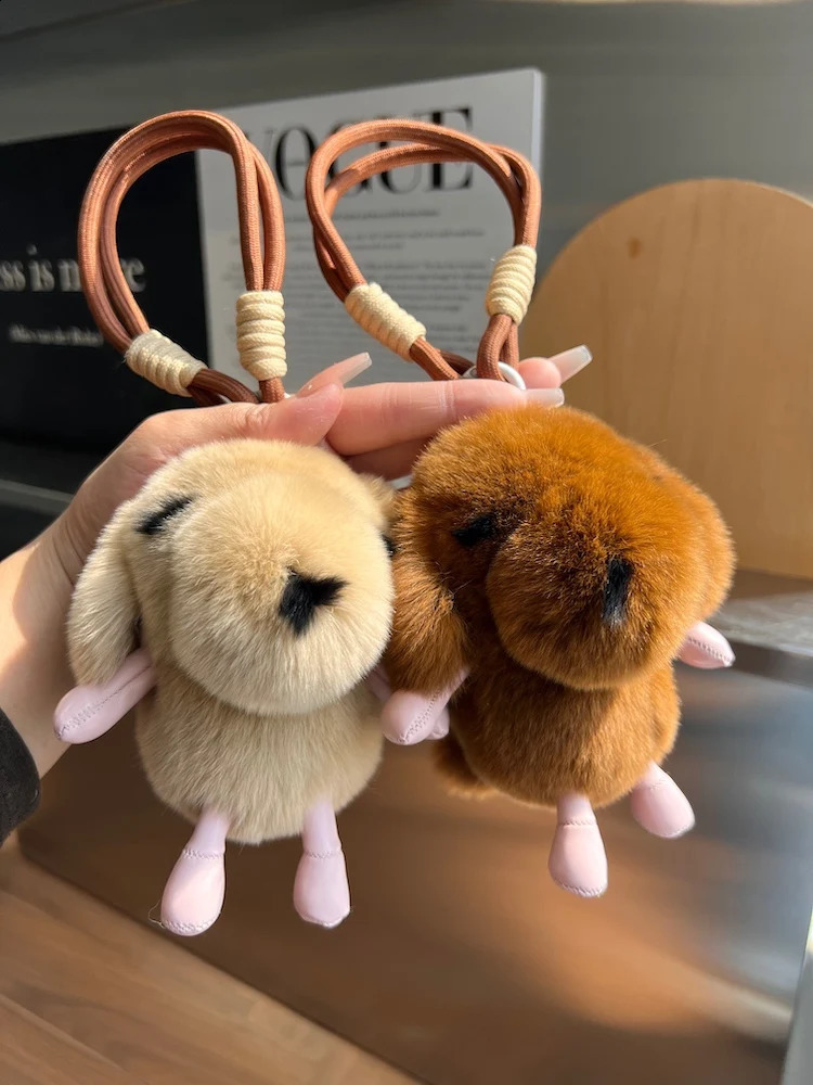 Rael Rex rabbit fur dog pendant keychain cute plush toy for women childrens bag charming car keyring decoration pavilion birthday gift 250409