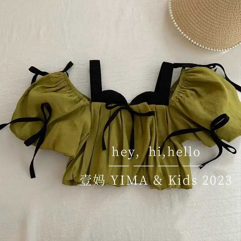 Childrens clothing set hanging bubble sleeve top+flat pants 2-piece set childrens clothingXJ250410