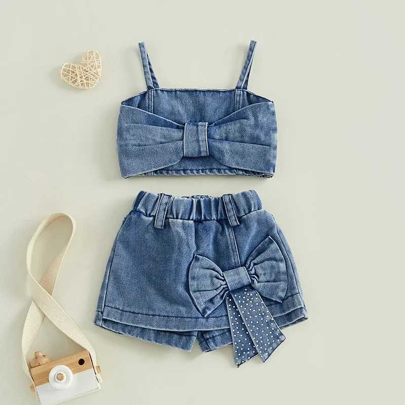 1-5 year girls shorts set retro denim vest with bow shorts summer 2-piece setXJ250410