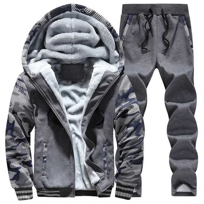 New Winter Fleece Thicken Mens Two-piece Zipper Sports Set Hooded Thermal Suit Casual Oversized Tracksuit 4XL 5XL Funny SuitT251111
