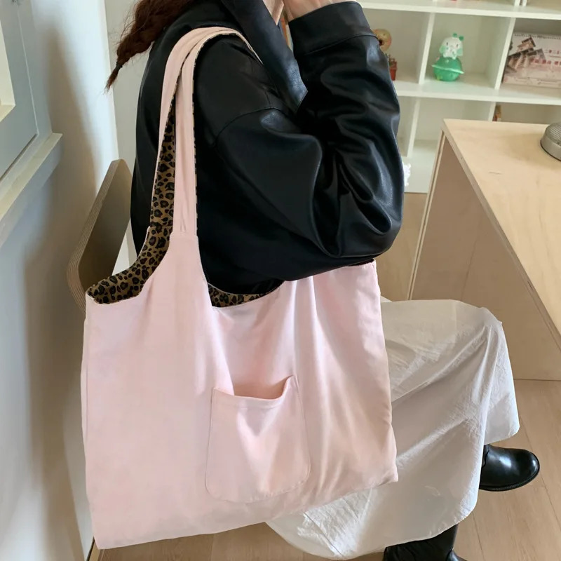 Leopard Print Vest Shoulder Bag for Women Doublesided Female Retro Suede Tote Purse Fall Winter Ladies Contrast Color Handbags 251103